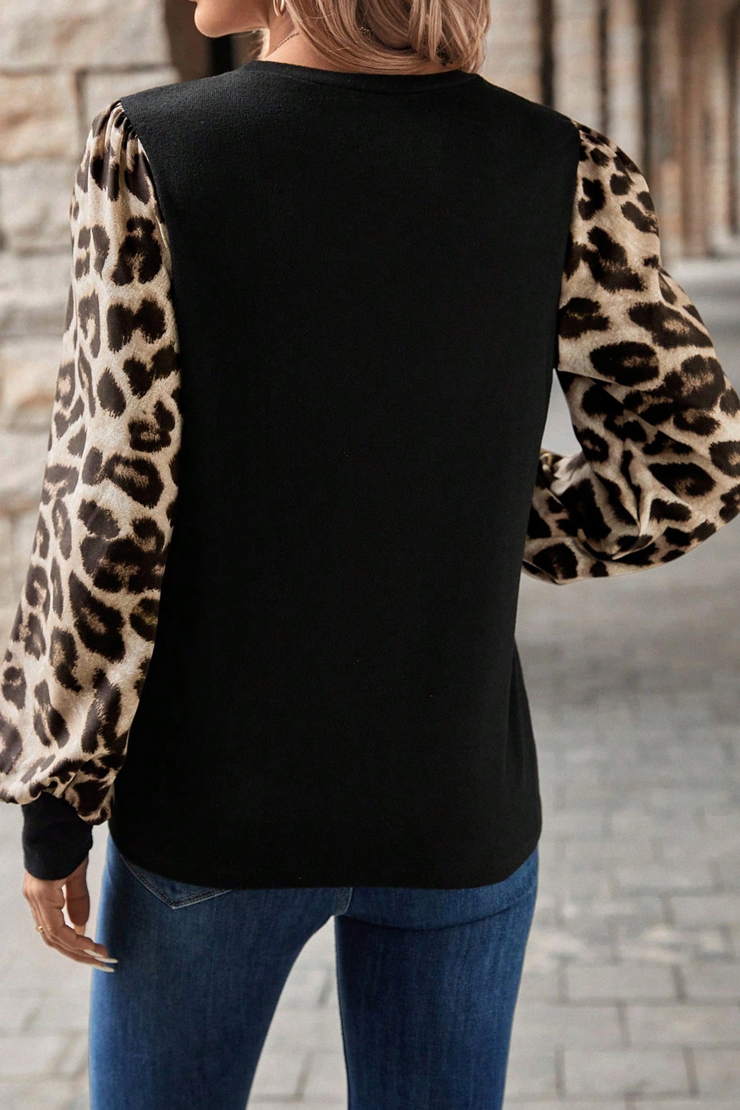 Khaki Leopard Puff Sleeve Patchwork Top