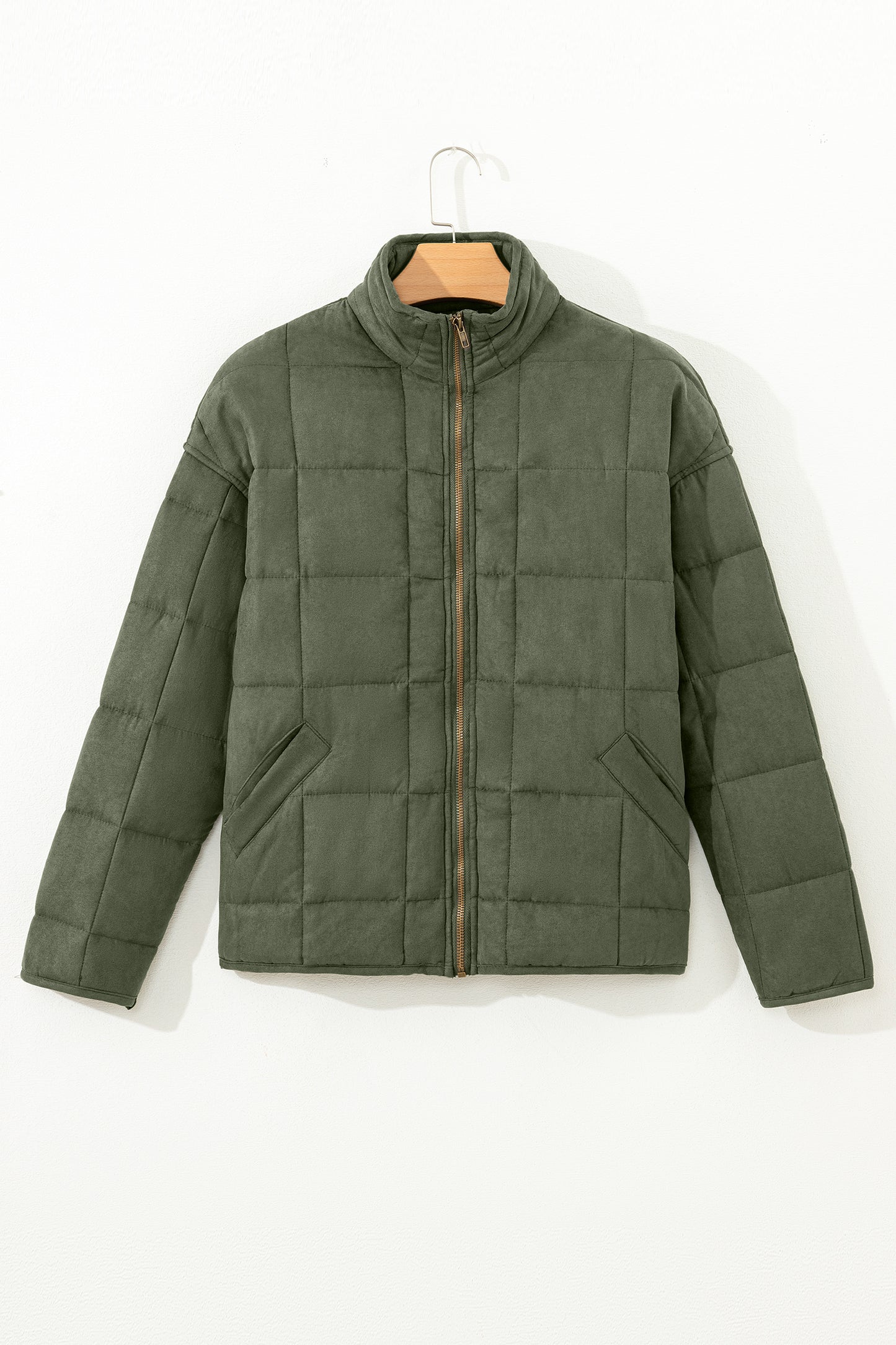 Green Zip-Up Pocket Quilted Jacket
