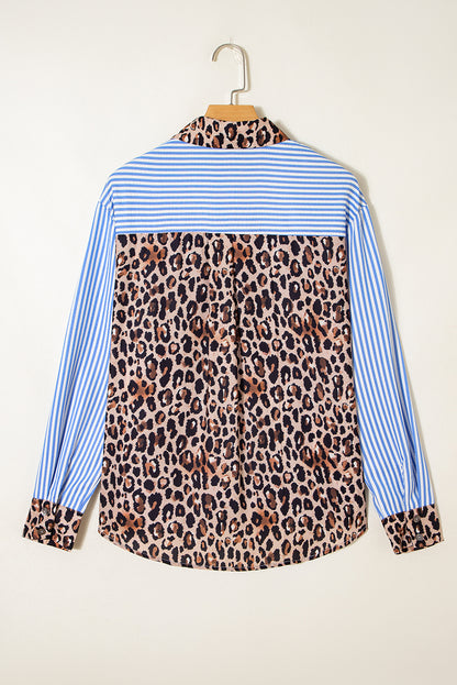 Black Striped Leopard Print Patchwork Button Up Womens Shirt