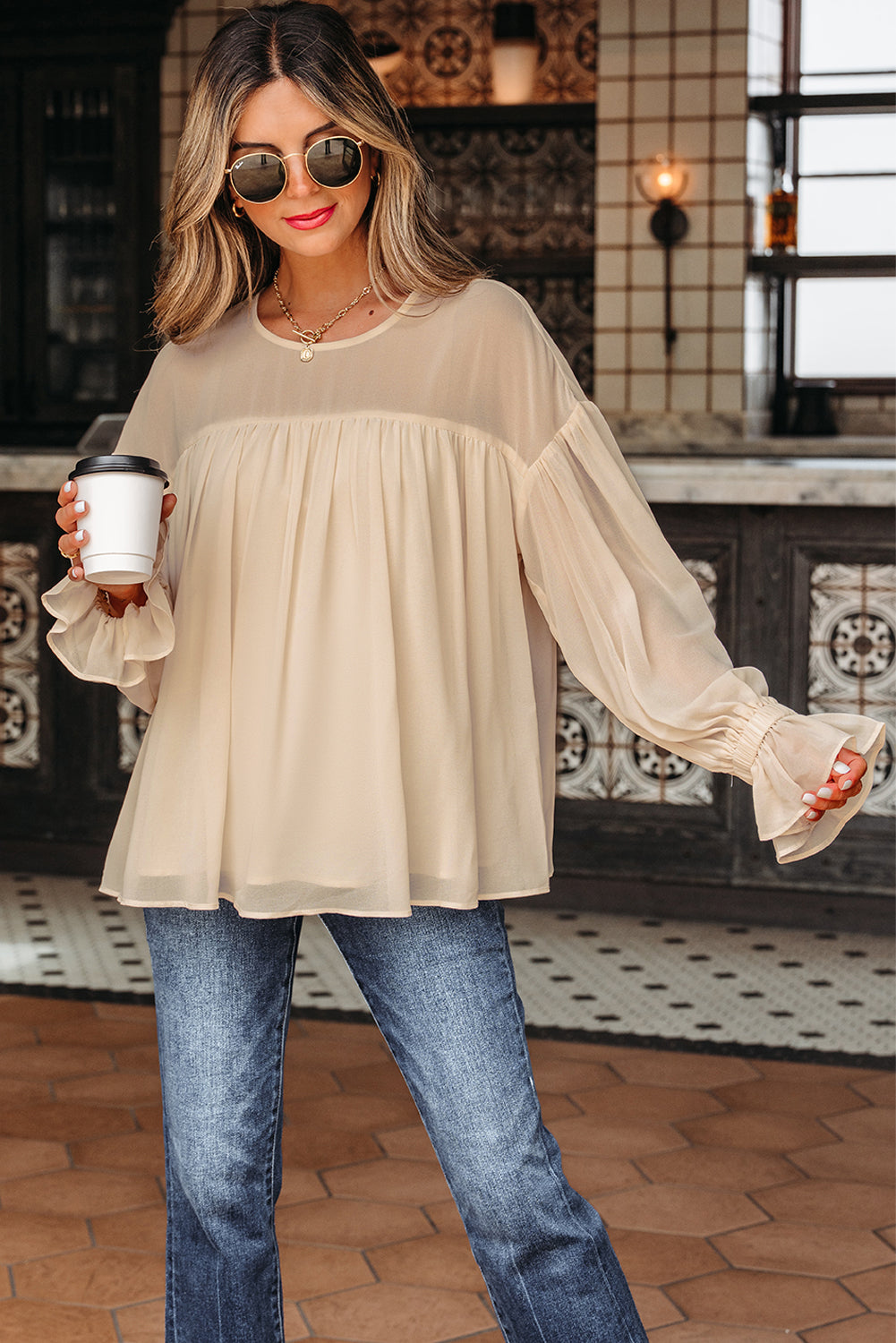 Parchment Pleated Ruffle Long Sleeve Chiffon Blouse