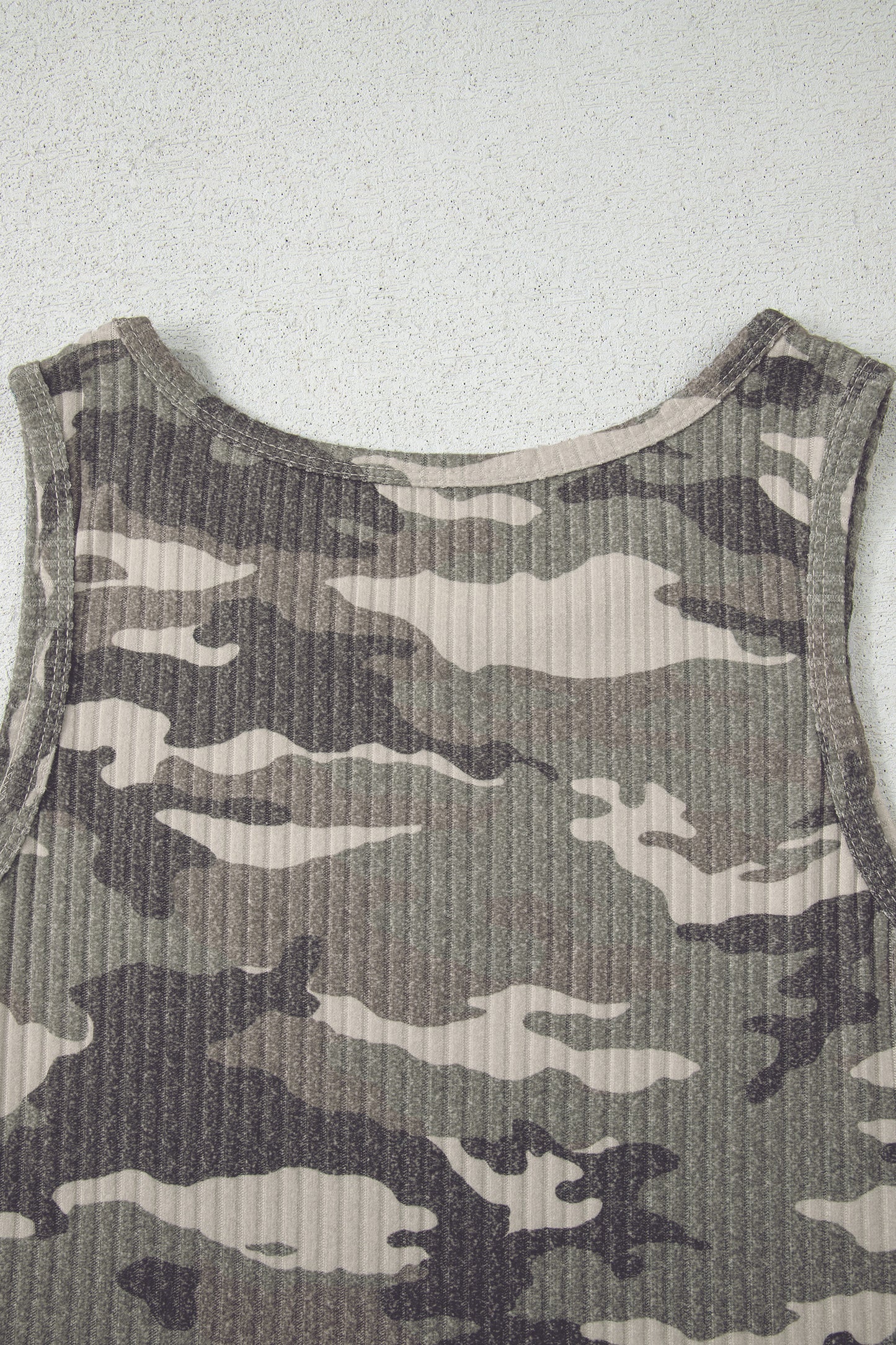 Gray Camouflage Print Ribbed Knit Round Neck Tank Top