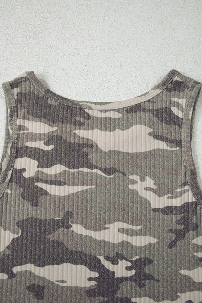 Gray Camouflage Print Ribbed Knit Round Neck Tank Top