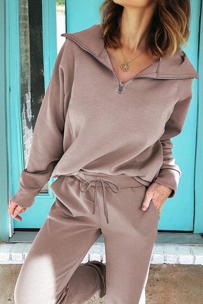Light Grey Zip Collar Long Sleeve Top Drawstring Pants Set