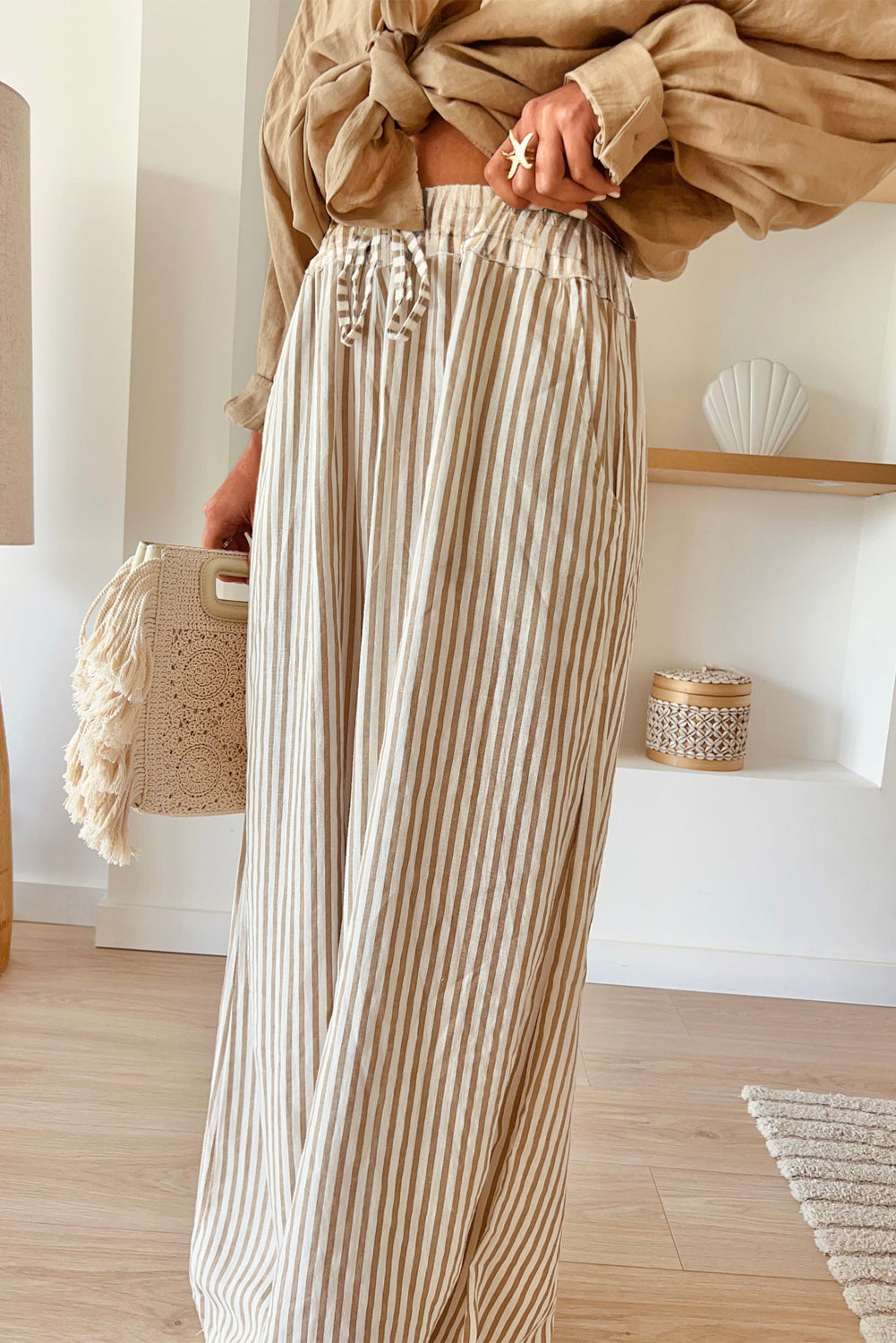 Khaki Stripe Print Wide Leg Drawstring Elastic Waistband Pants