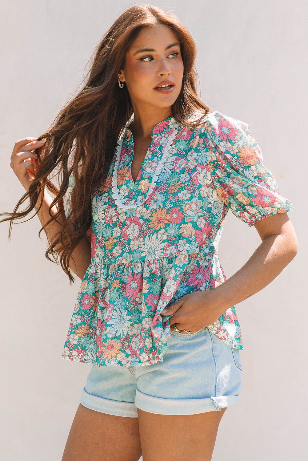 Multicolour Notched Neck Puff Short Sleeve Floral Blouse
