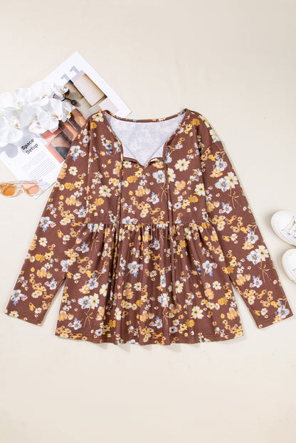 Khaki Floral Textured Tied Neck Long Sleeve Plus Size Babydoll Blouse