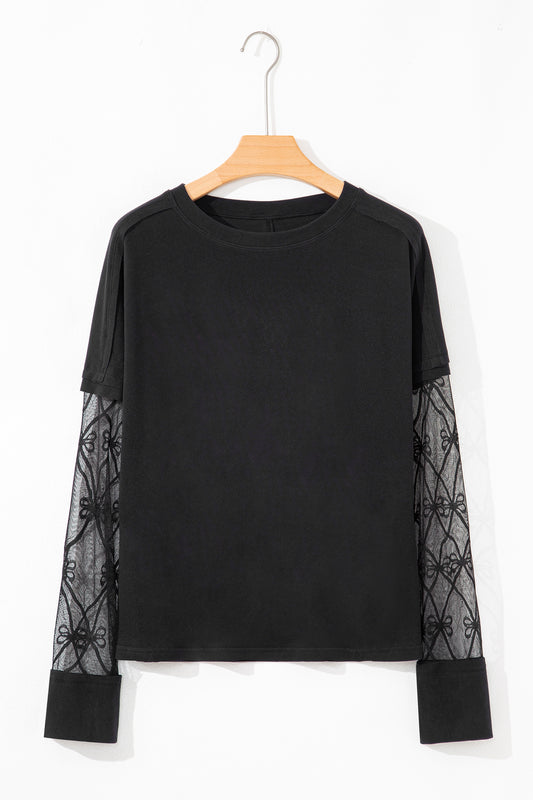 Black Solid Color Bow Textured Patchwork Long Sleeve Tee