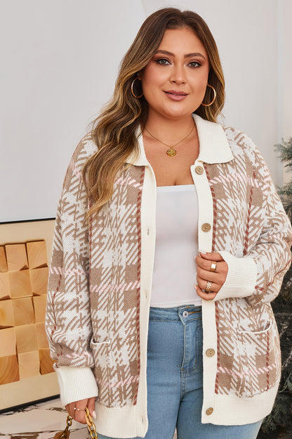 Khaki Vintage Pattern Ribbed Trim Button Front Plus Size Cardigan Sweater