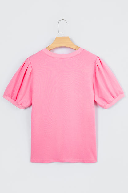 Bonbon Solid Color V Neck Short Puff Sleeve Blouse