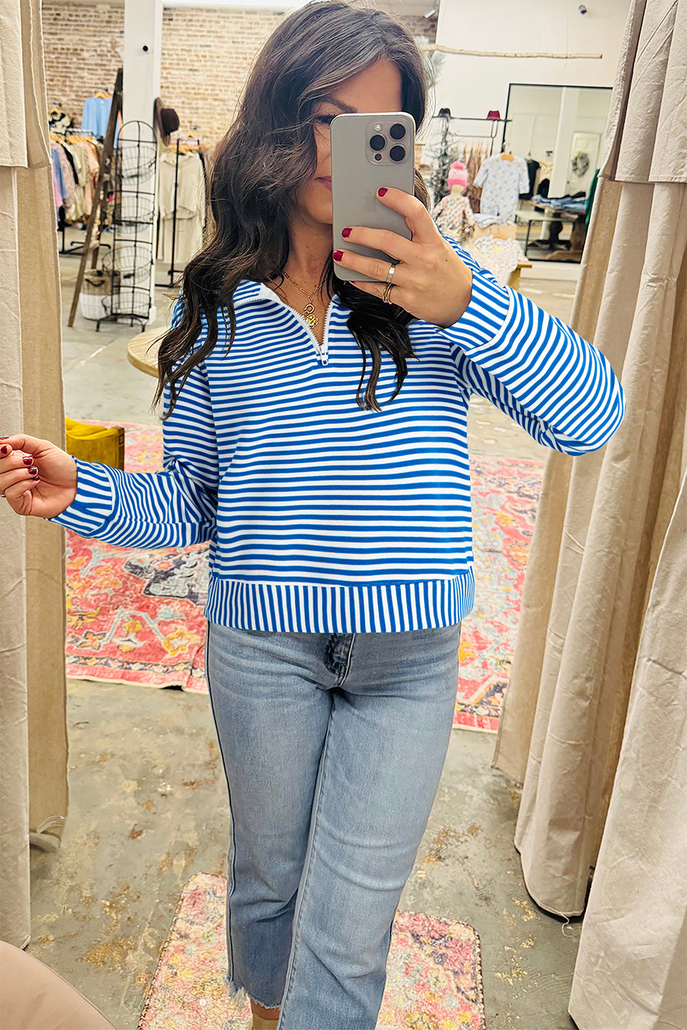 Blue Stripe Quarter Zip Collar Pullover Long Sleeve Top