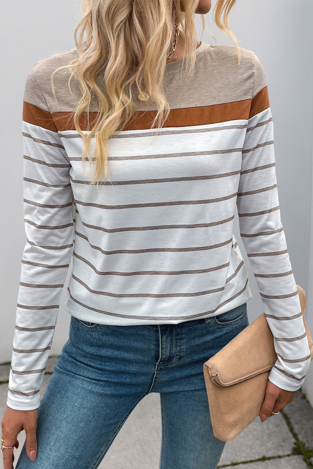 White Stripe Colorblock Long Sleeve Round Neck Tee