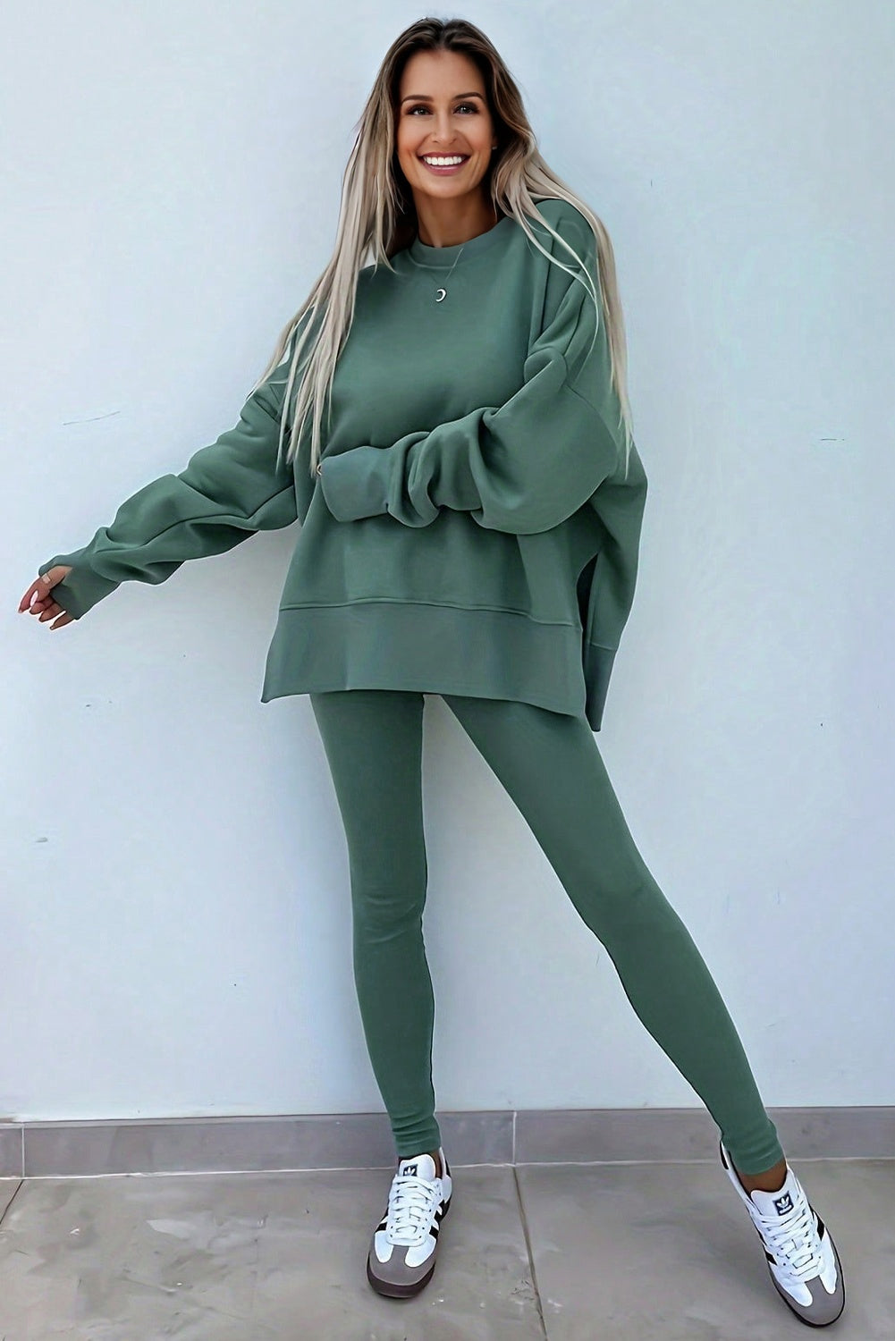 Green Bay Solid Color Oversize Slit Sweatshirt Ribbed Leggings 2pcs Set