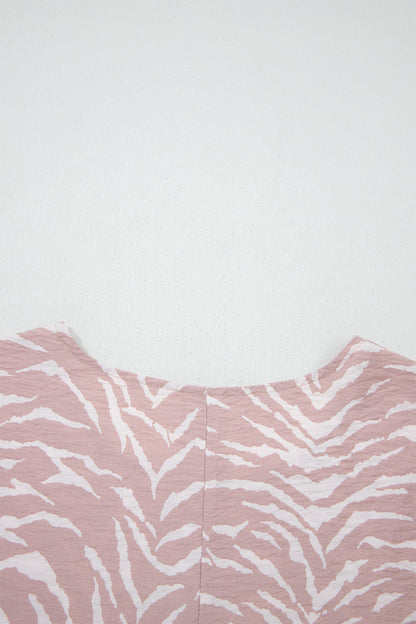 Khaki Abstract Print Cuffed Short Sleeve Loose Top Short Set