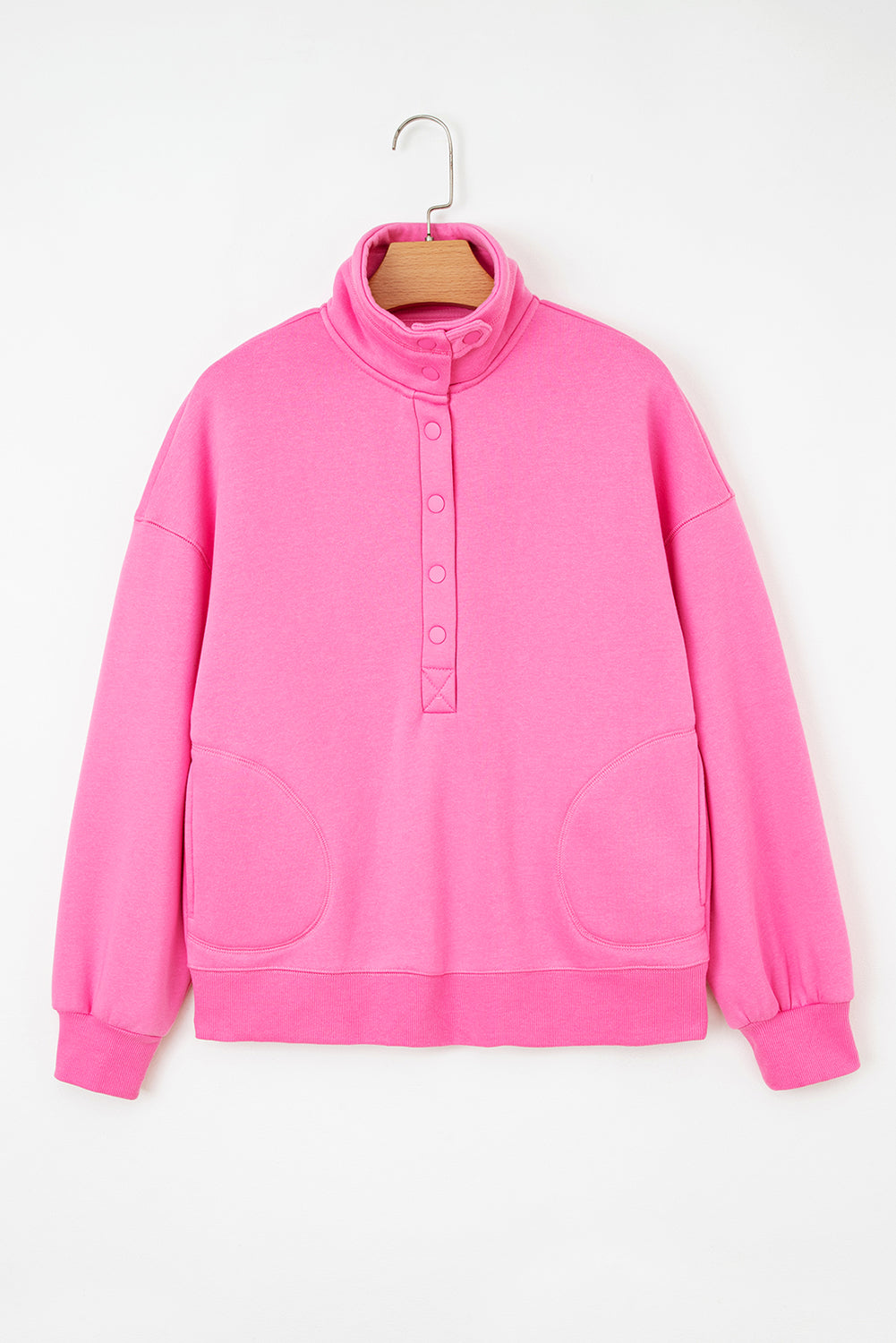 Bright Pink Half Button Stand Neck Drop Shoulder Sweatshirt