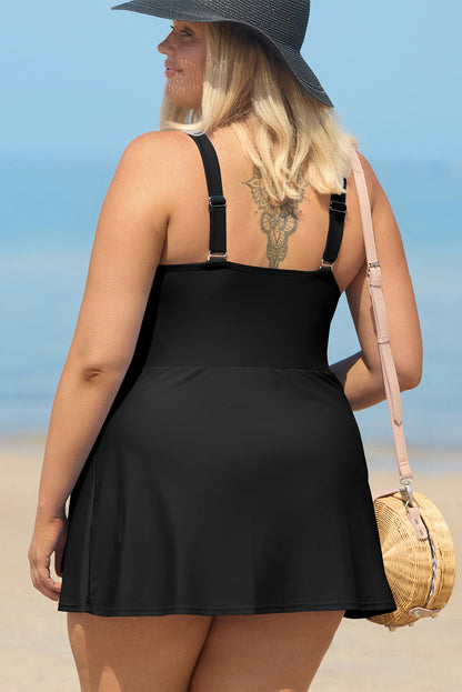Black Solid Color Square Neck Knotted Plus Size One Piece Swimsuit