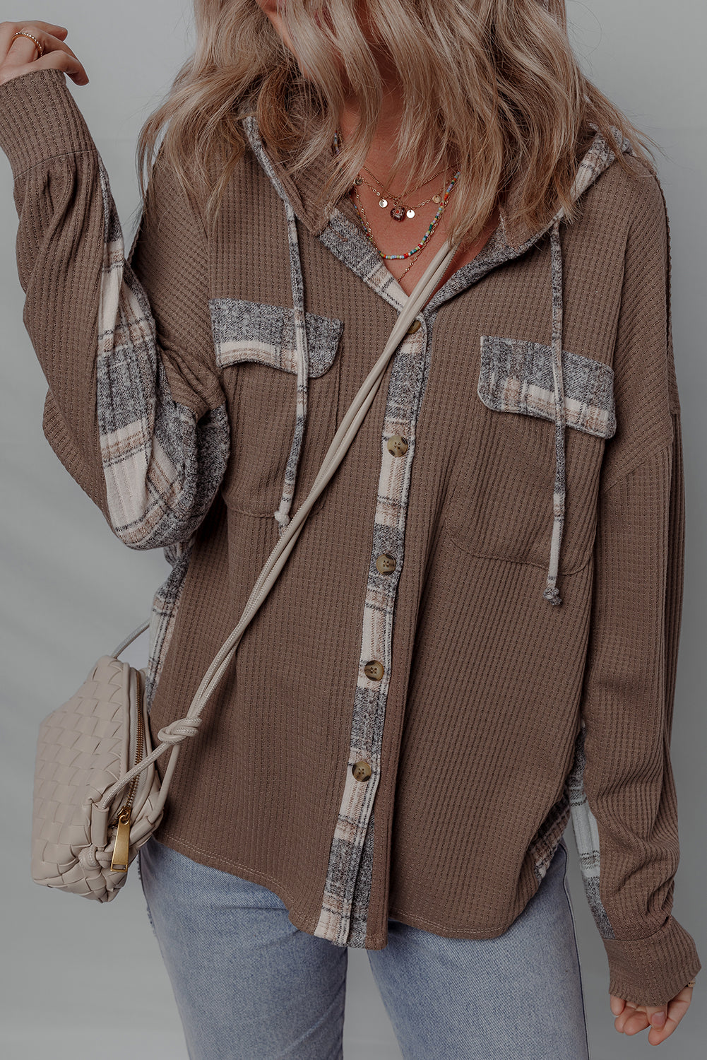 Brown Plaid Patchwork Button Down Drawstring Hooded Shacket