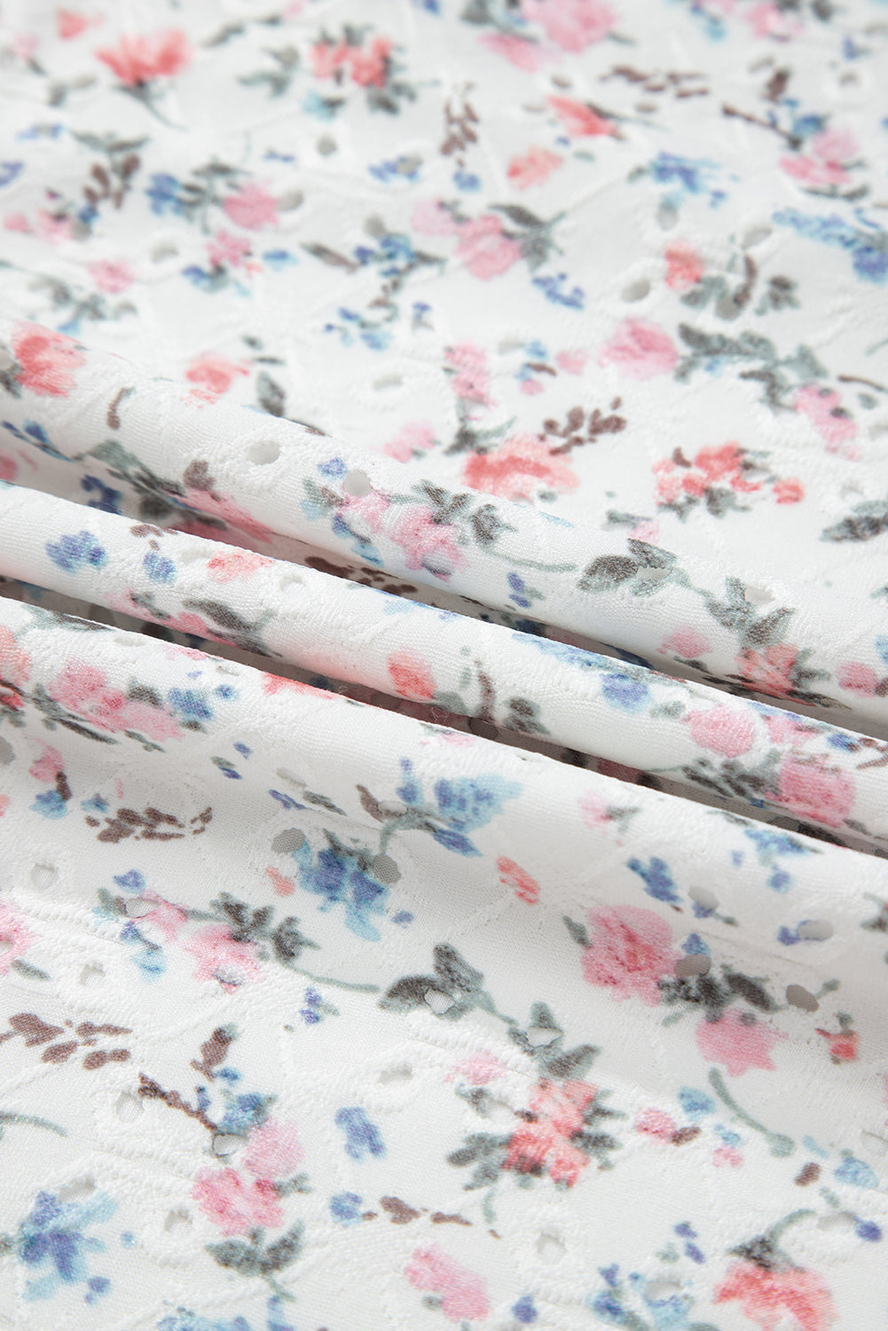 White Floral Print Textured Square Neck Slim Fit Long Sleeve Top