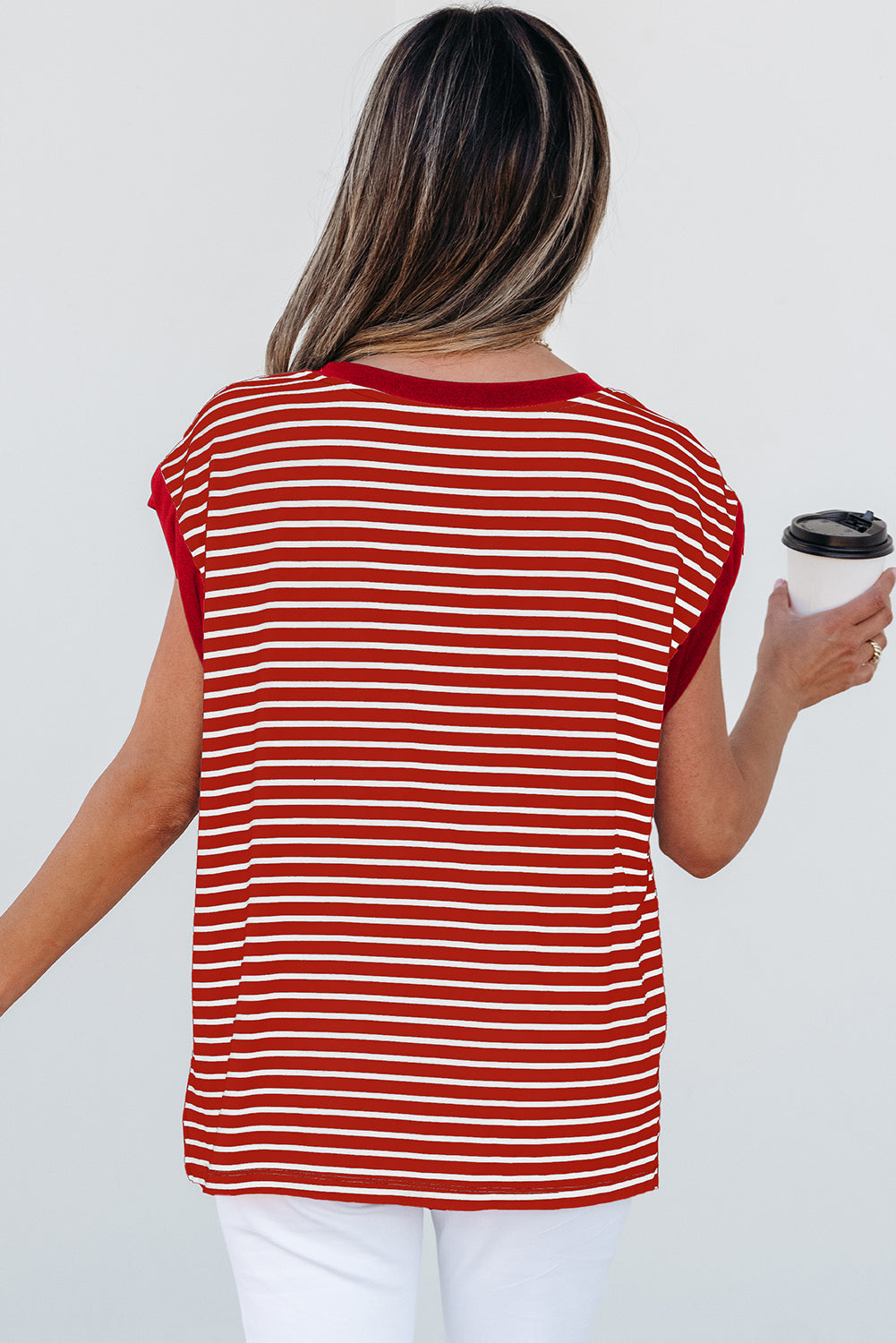 Red Stripe Chest Pocket Patch Round Neck Tank Top