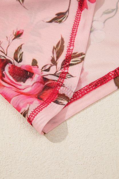 Pink Floral Print Exposed Seam Detail Mesh Long Sleeve Top