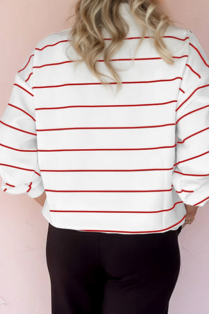 White Zip V Neck Casual Stripe Print Drop Shoulder Long Sleeve Top