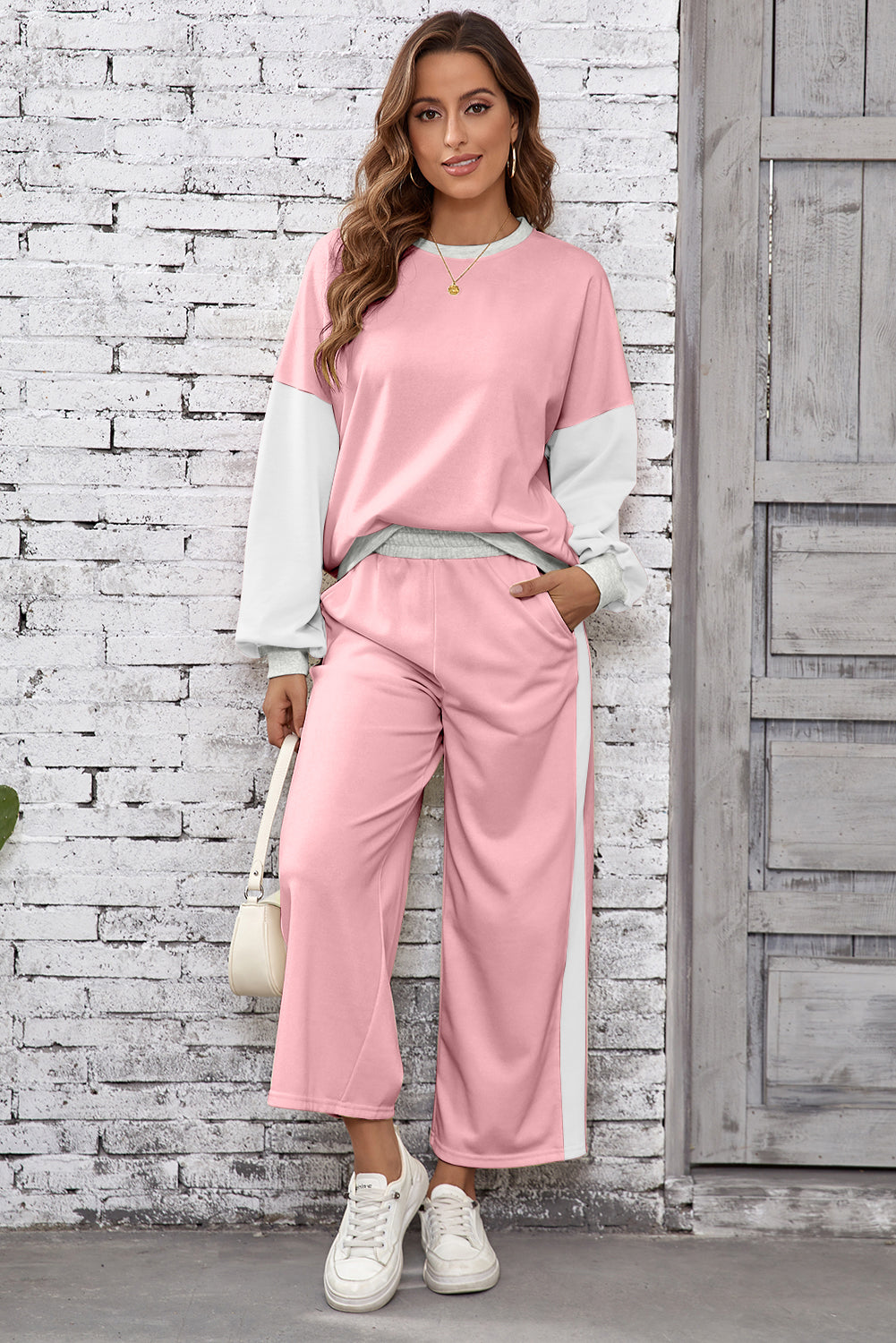 Light Pink 2pcs Color Block Pullover Loose Pant Set