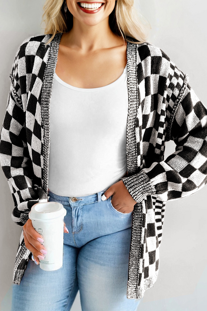 Brown Plus Size Checkered Bubble Sleeve Drop Shoulder Open Cardigan