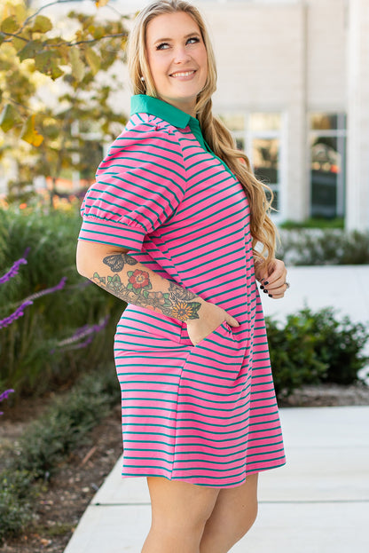 Rose Stripe Collared V Neck Puff Sleeve Shift T Shirt Dress with Pockets
