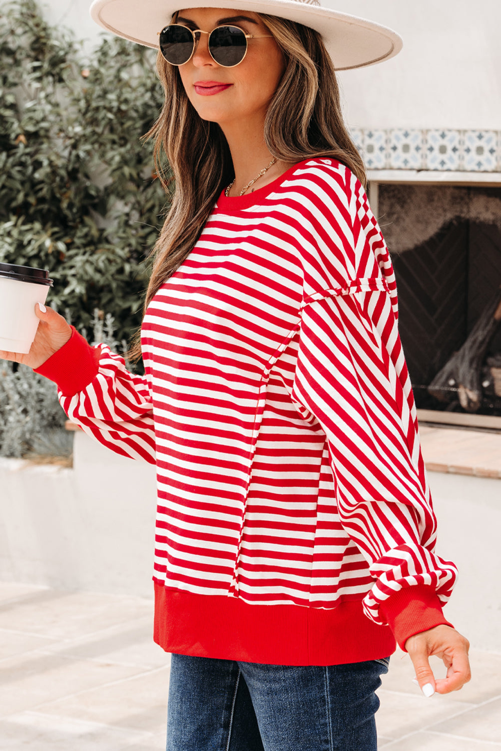 Red Stripe Exposed Seam Drop Shoulder Casual Pullover Top