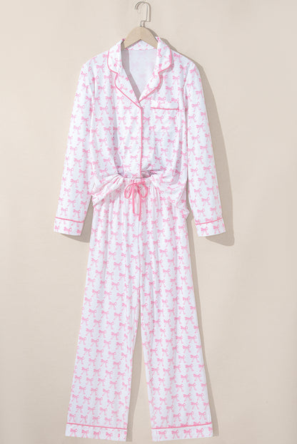 Sky Blue Bow Print Long Sleeve Shirt and Pants Soft Pajama Set