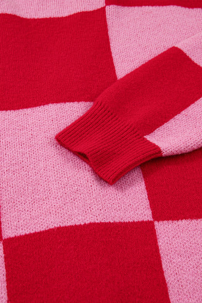 Fiery Red Mixed Plaid Relaxed Sweater Cardigan