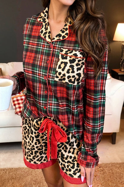 Racing Red Retro Plaid Leopard Print Patchwork Long Sleeve Shorts Pajama Set