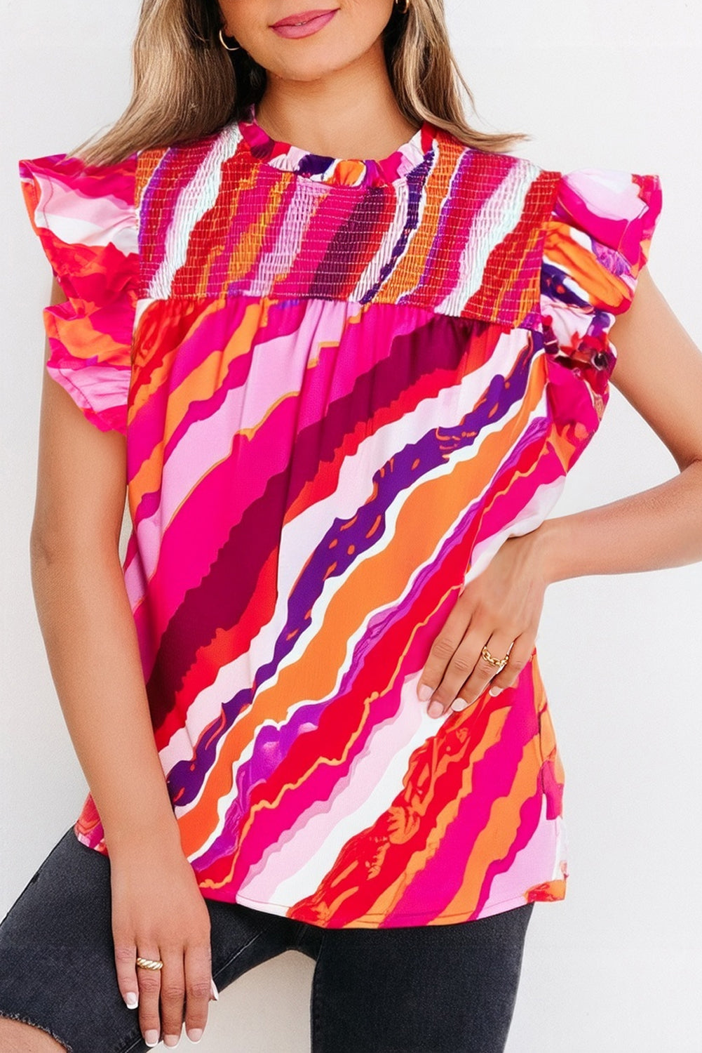 Rose Abstract Print Shirred Yoke Ruffled Blouse