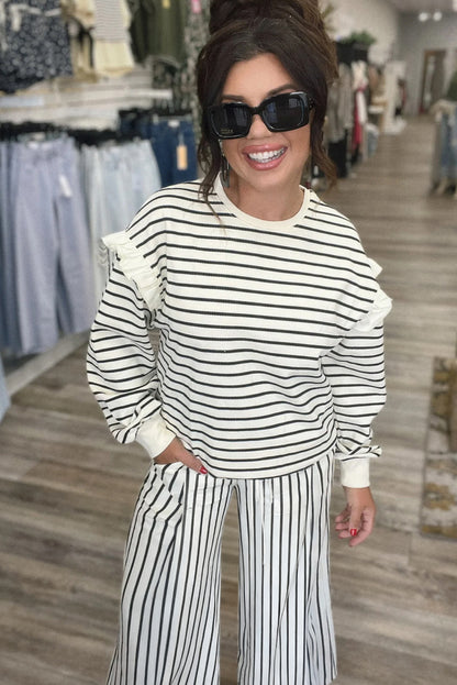 White Stripe Ruffle Trim Drop Shoulder Top Drawstring Loose Pant Set