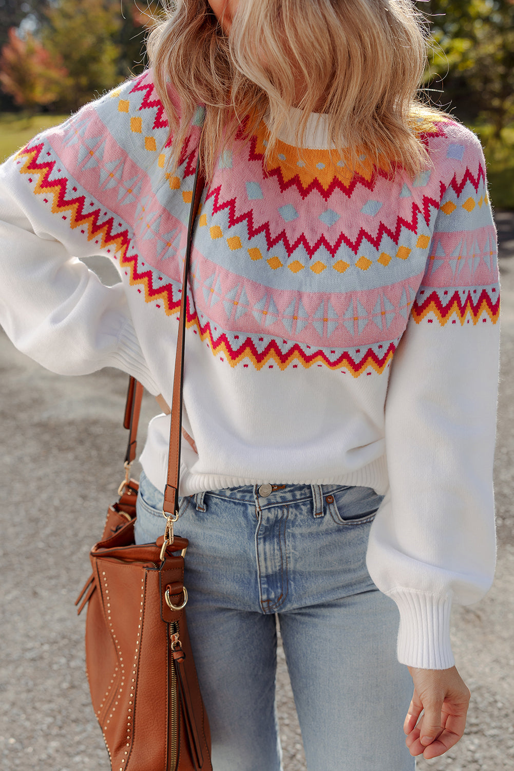 White Ethnic Geometric Colorblock Print Drop Shoulder Sweater