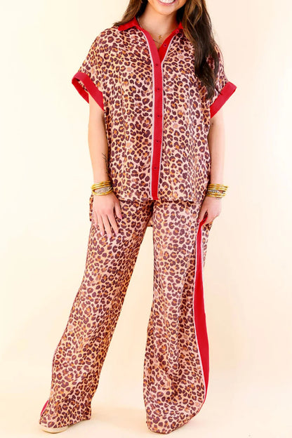 Brown Contrast Trim Leopard Top and Pant Set