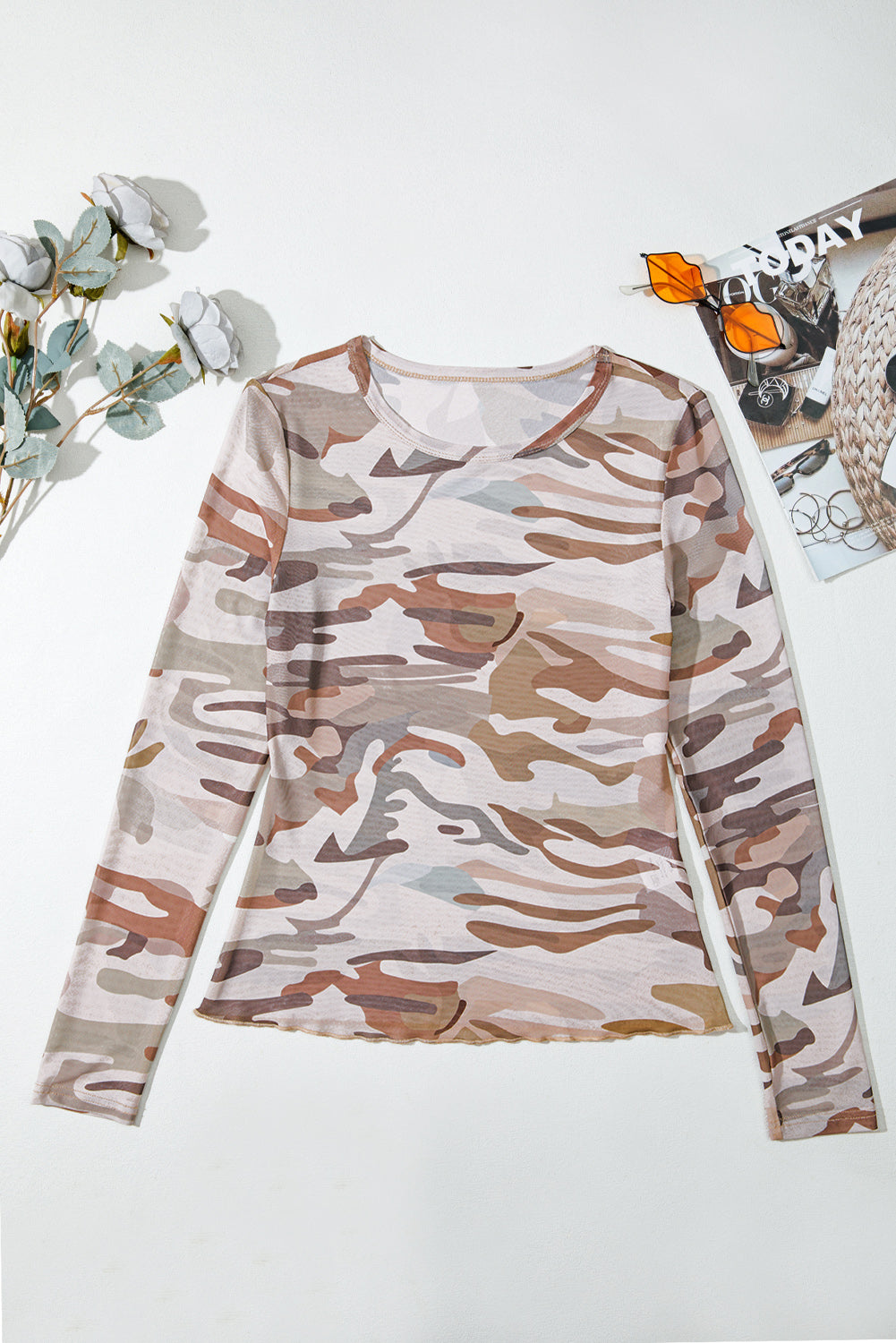Western Fashion Camouflage Print Mesh Long Sleeve Top