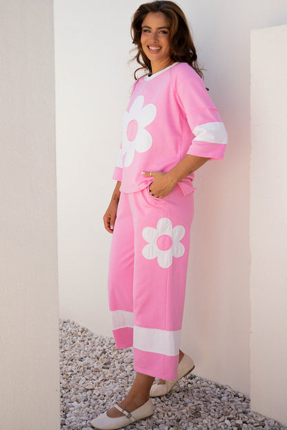 Orchid Bouquet Big Flower Patched Raw Seam Color Block 2 Piece Loose Pant Set