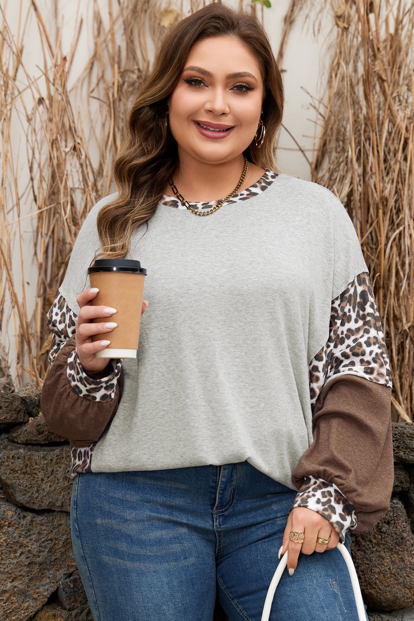 Gray Plus Size Leopard Color Block Patchwork Dolman Sweatshirt