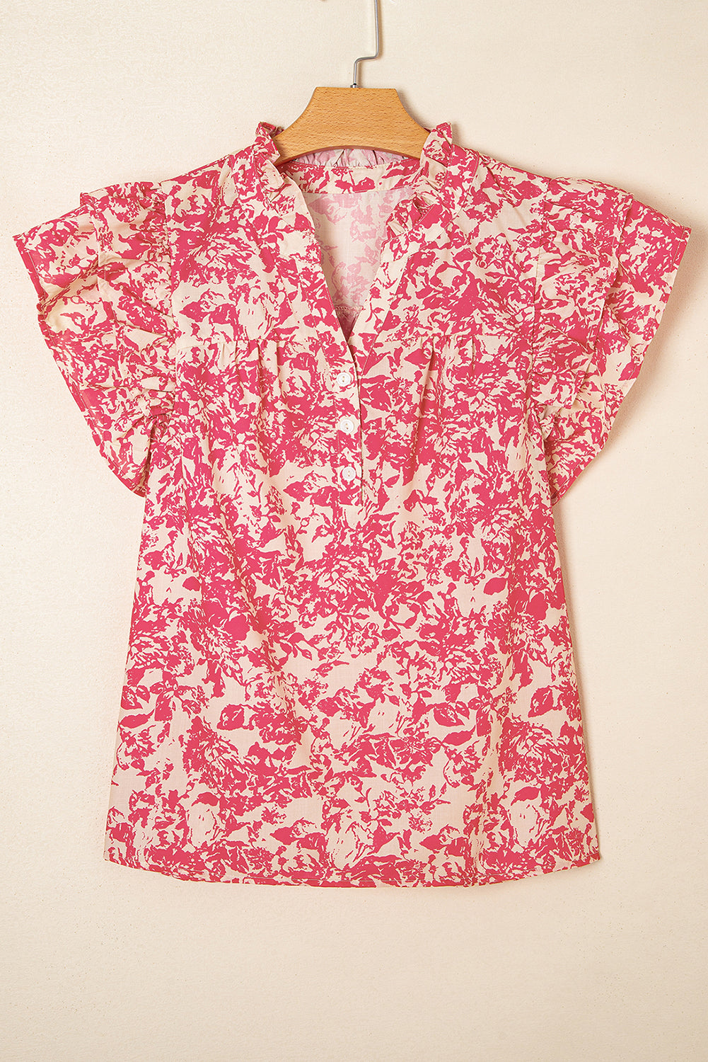 Rose Allover Printed Half Button Neck Ruffle Sleeve Blouse