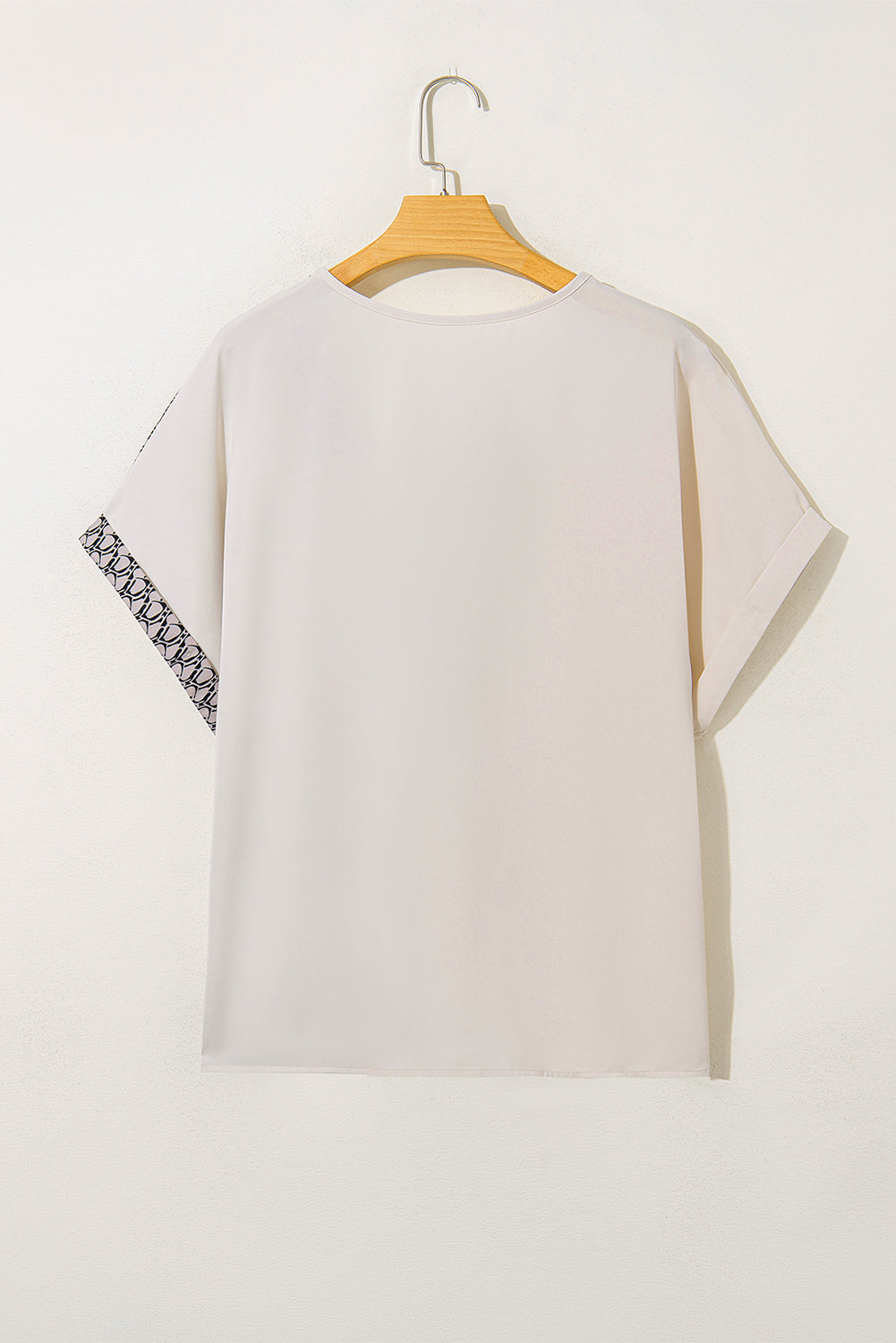 Oatmeal Contrast Geometric Print Patchwork V Neck Short Sleeve Plus Size Top