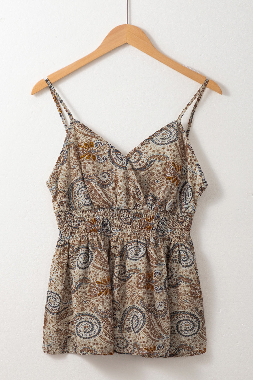 Khaki Paisley Printed Spaghetti Strap V Neck Smocked Babydoll Tank Top