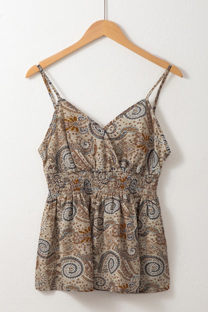Khaki Paisley Printed Spaghetti Strap V Neck Smocked Babydoll Tank Top