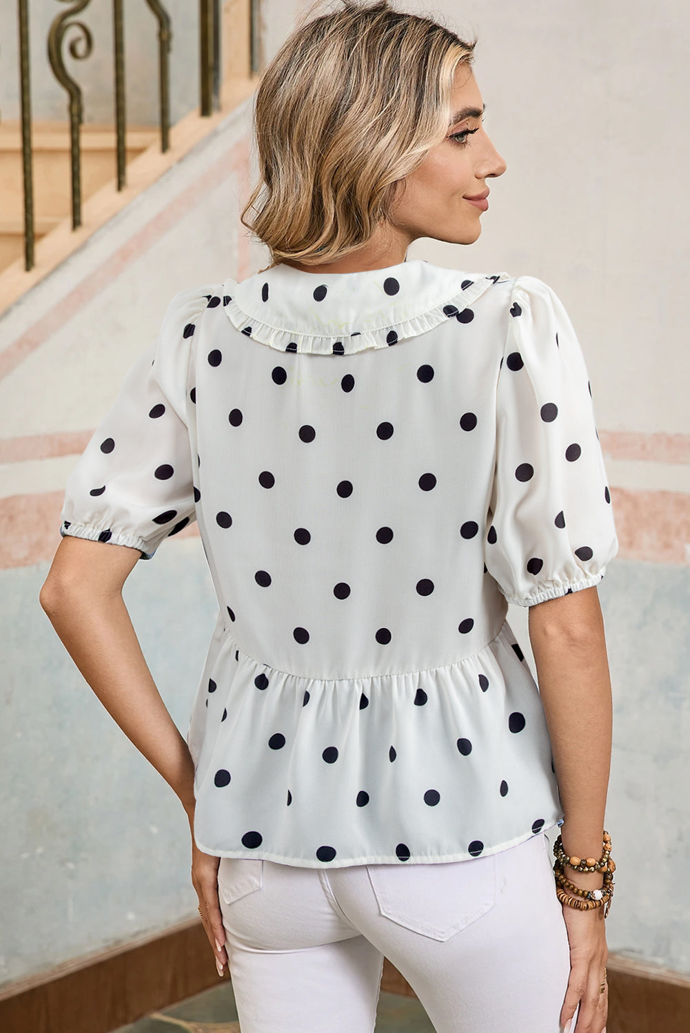 White Polka Dot Collared Lace up Font Puff Sleeve Peplum Top