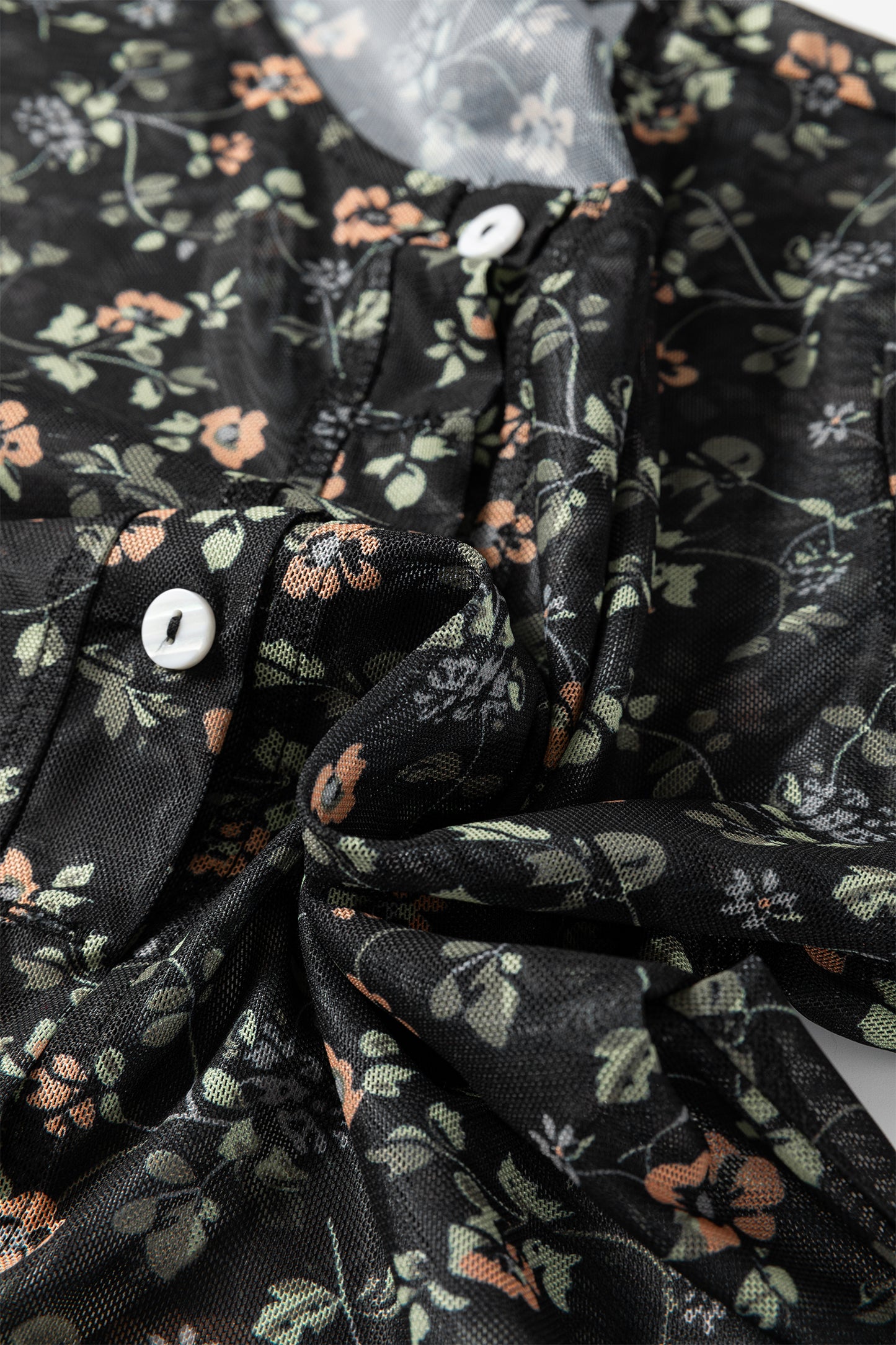 Black Floral Print Mesh Tank Button Front Slim Cardigan 2pcs Set