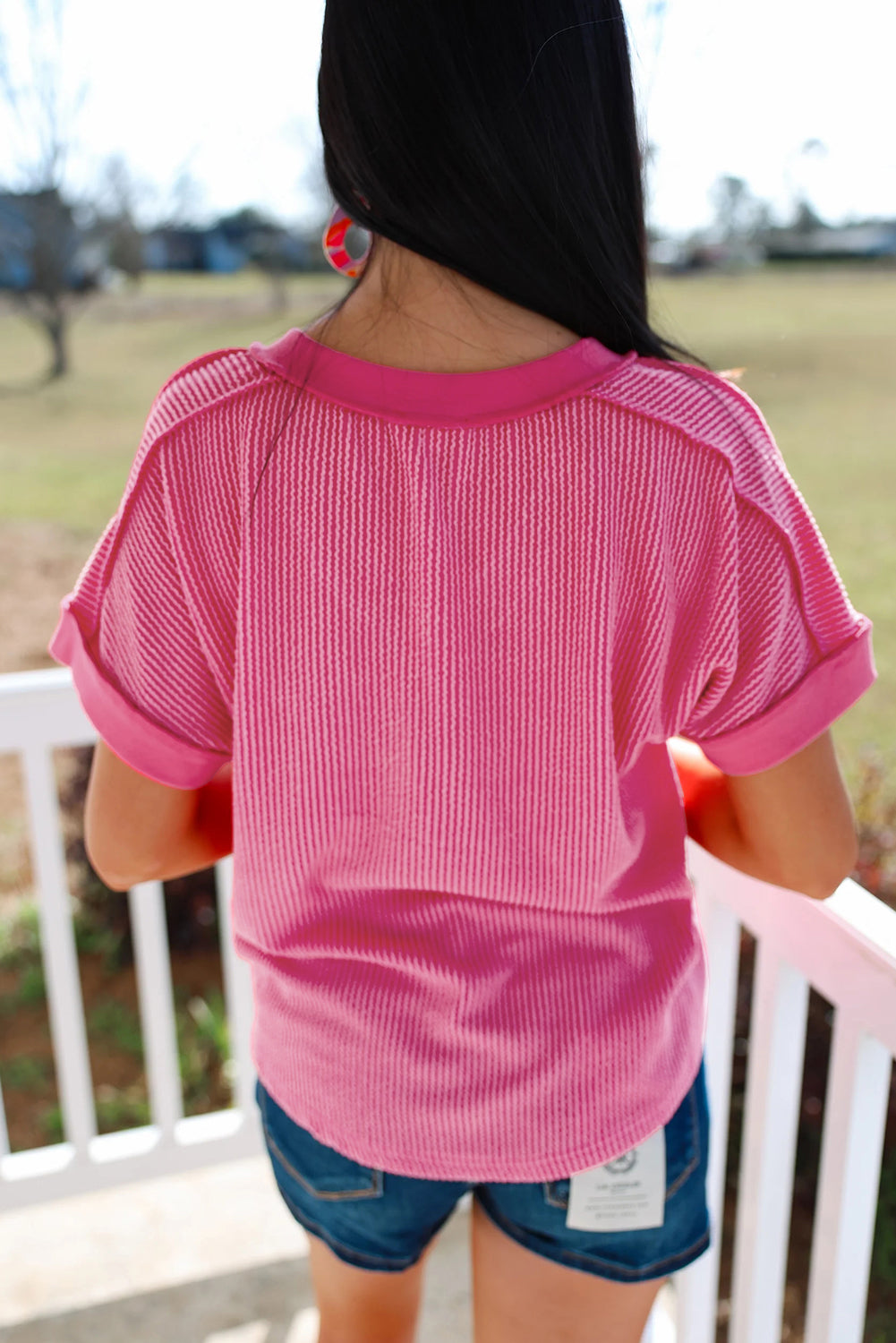 Rose Red Twisted Ribbed Knit V Neck Casual Tee