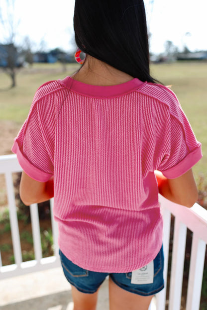 Rose Red Twisted Ribbed Knit V Neck Casual Tee