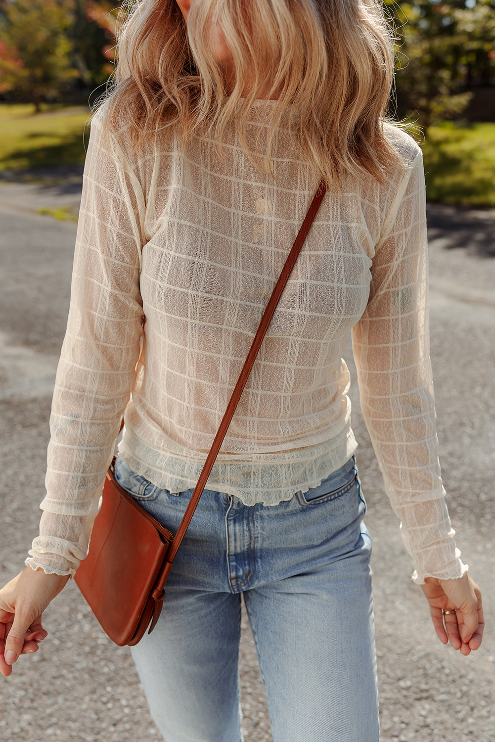 White Sheer Plaid Mesh Lettuce Trim Slim Fit Long Sleeve Top