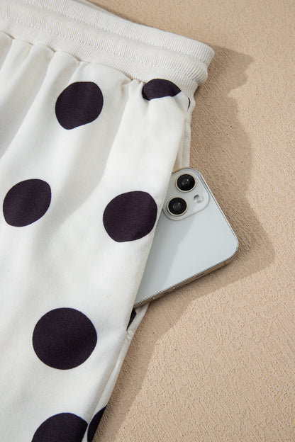 Beige Polka Dot Print Drop Shoulder Pullover Drawstring Shorts Set