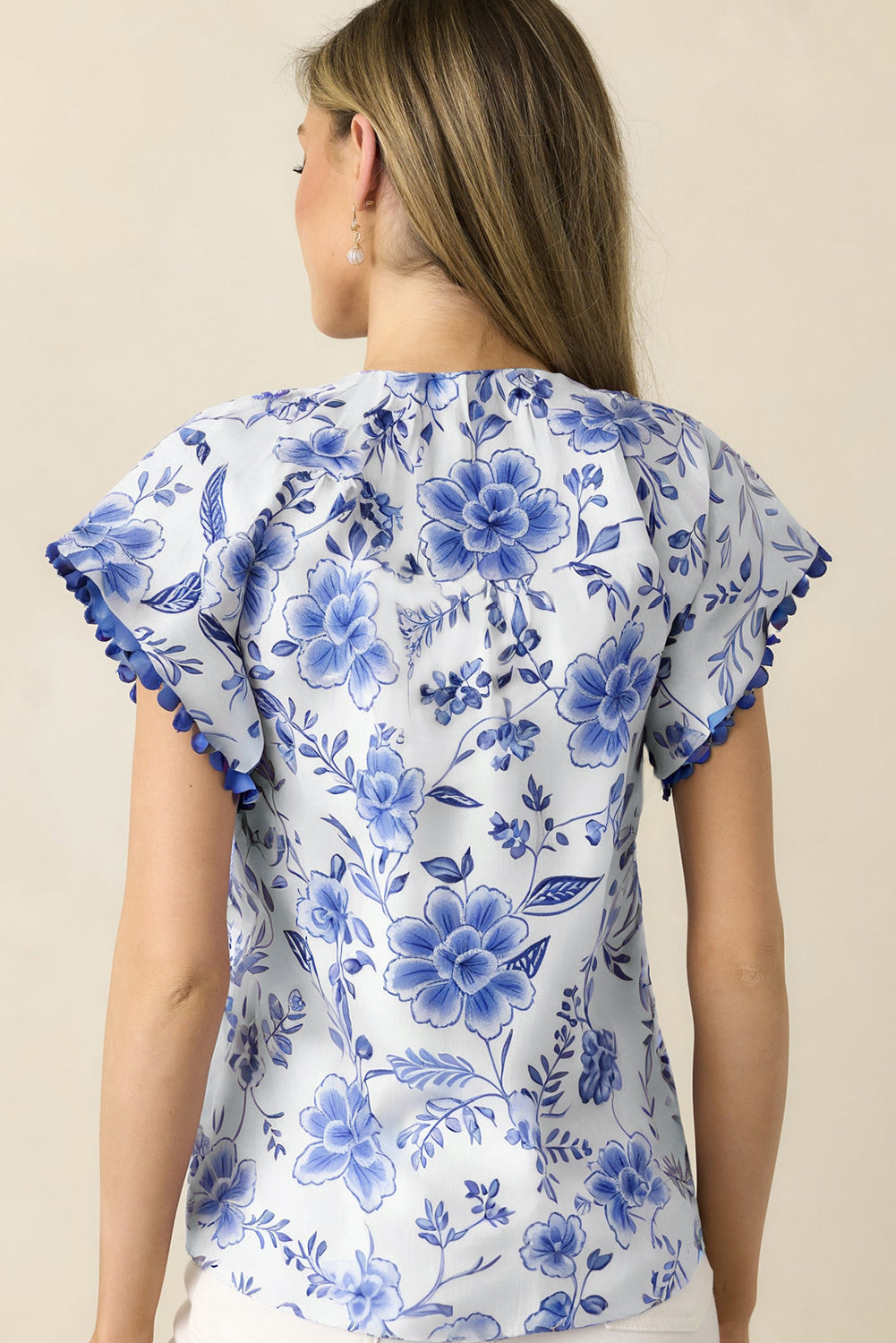 Blue Elegant Floral Print Ricrac Trim Short Sleeve Blouse
