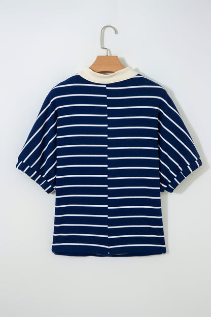 White Stripe Stand Collar V Neck Elastic Cuffs Half Sleeve Dolman Top